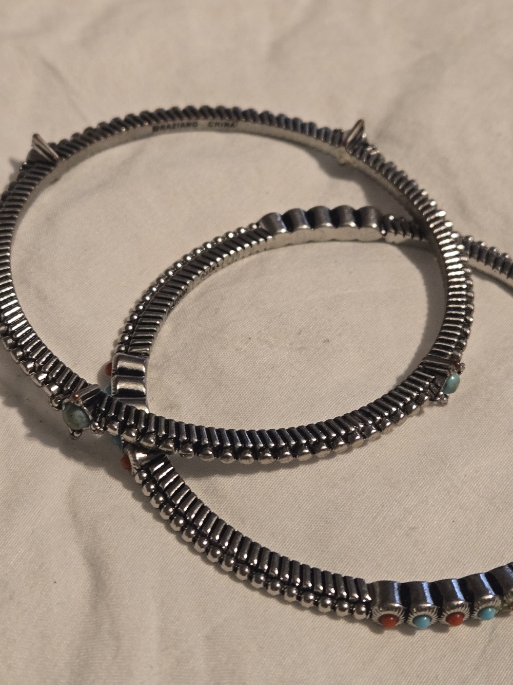Vintage R.J. Graziano 2 Bangle Bracelets Turquoise Coral Silver Tone
